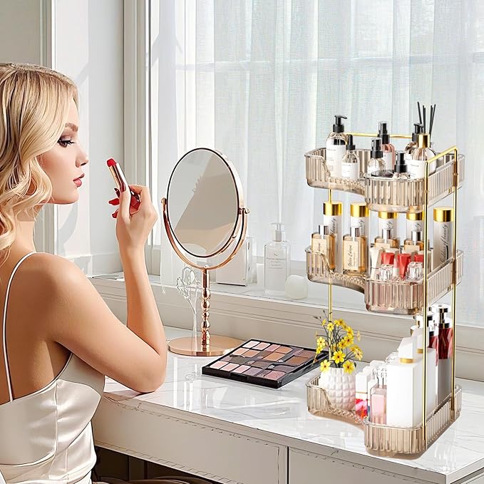 GTI 3-Tier Corner Bathroom Counter Organizer, Large Capacity Makeup Organizer Countertop, Perfume Cosmetics Skincare Vanity Organizers, Exquisite Countertop Storage for Women (Amber)