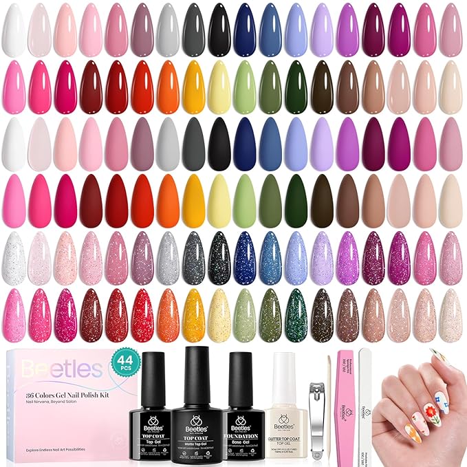 beetles Gel Polish 44pcs Winter Gel Nail Polish Set 36 Colors Brown Burgundy Red Blue Purple Green Black White with Base Top Coat UV LED Needed Salon DIY at Home Christmas Gift for Women Colorful Muse