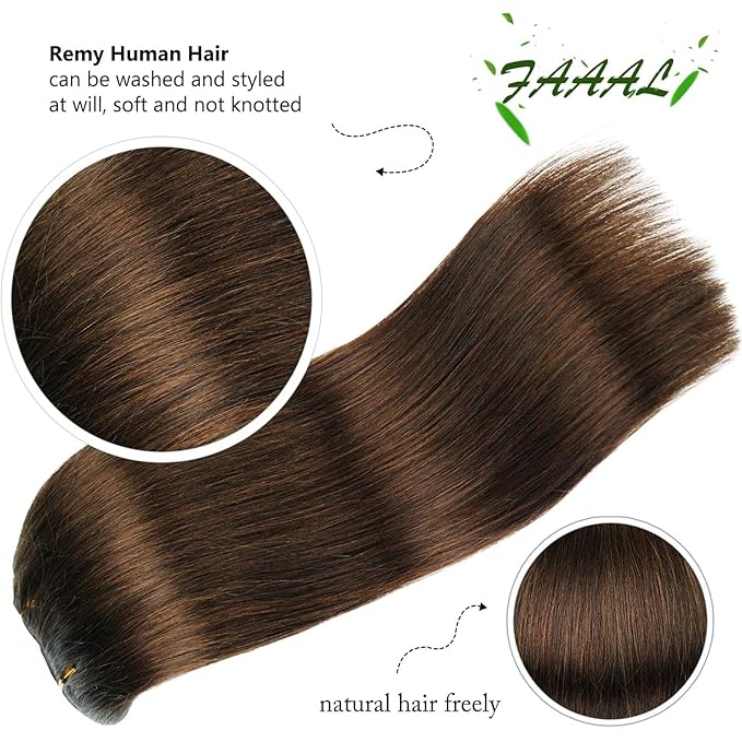 20" Clip in Human Hair Extensions Full Head 180g 7 Pieces 16 Clips 4# Chocolate Brown Double Weft Brazilian Real Remy Hair Extensions Thick Straight Silky (20" 180g, Chocolate Brown)