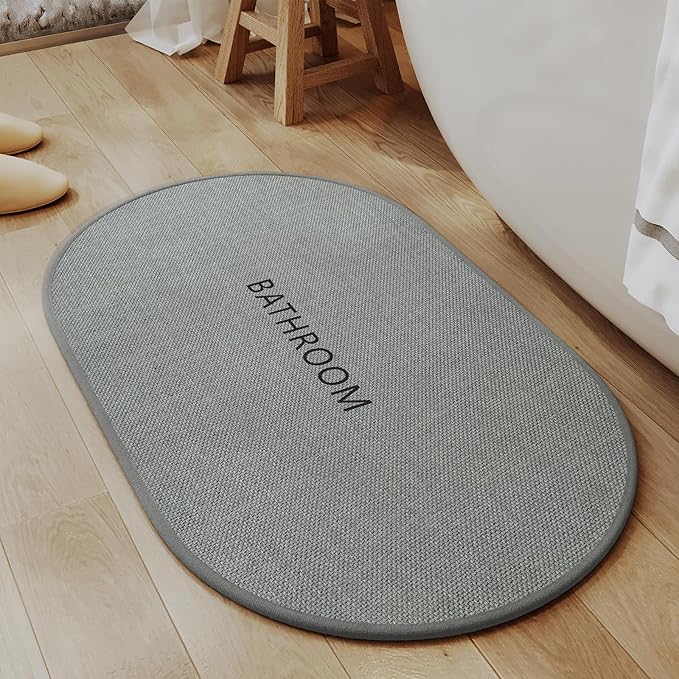 Non-Slip Bath Mat with Upgraded Rubber-Backing, Washable Thin Bath Mats for Bathroom Floor, Absorbent Woven Bathroom Rugs, Quick Dry, Fits Under Door, 16x24, Grey