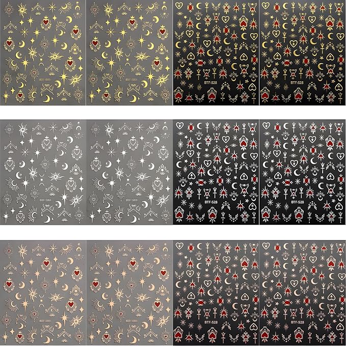 Star Nail Art Stickers - 12 Sheets, 3D Self-Adhesive Gold Moon, Red Heart, Silver Star Designs for Nail Art Decoration