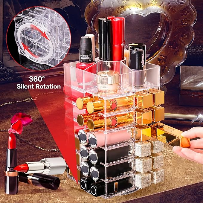 Acrylic Lipstick Tower Holder, 360 Degree Rotating Makeup Cosmetic Lipsticks Organizer with 53 Slots, Spinning Lipgloss Storage Display Stand Holder