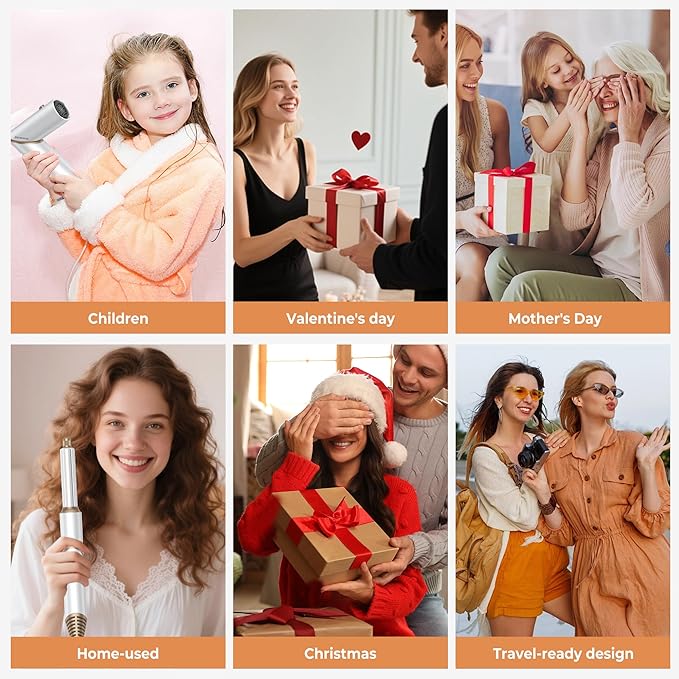 6 in 1 Hair Dryer Brush, Foldable Blow Dryer Brush with Air Styler Curler Wrap, Detachable Hot Air Brush Dry,Volumize, Straight,Curl, Negative Ion Brush Blow Dryer with Diffuser, Hair Styler Tools