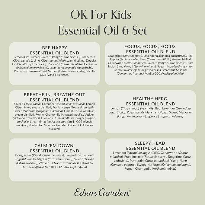 Edens Garden OK for Kids Essential Oils 6 Set - 100% Pure Therapeutic Grade, Natural Aromatherapy Blends for Diffusers, Skin, Sleep & Home - No Fragrance Oil, Undiluted & Gentle, 10 ml/ 6 Pack