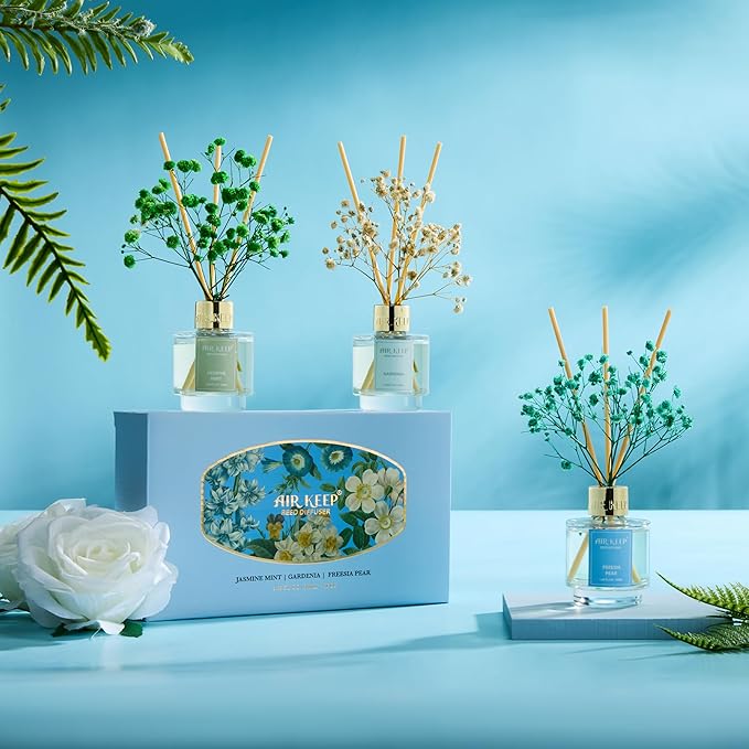Airkeep Reed Diffuser Set of 3, Jasmine Mint Gardenia Freesia Pear Oil Reed Diffusers for Bedroom Living Room Office Aromatherapy Oil Reed Diffuser for Gift 50ml x 3