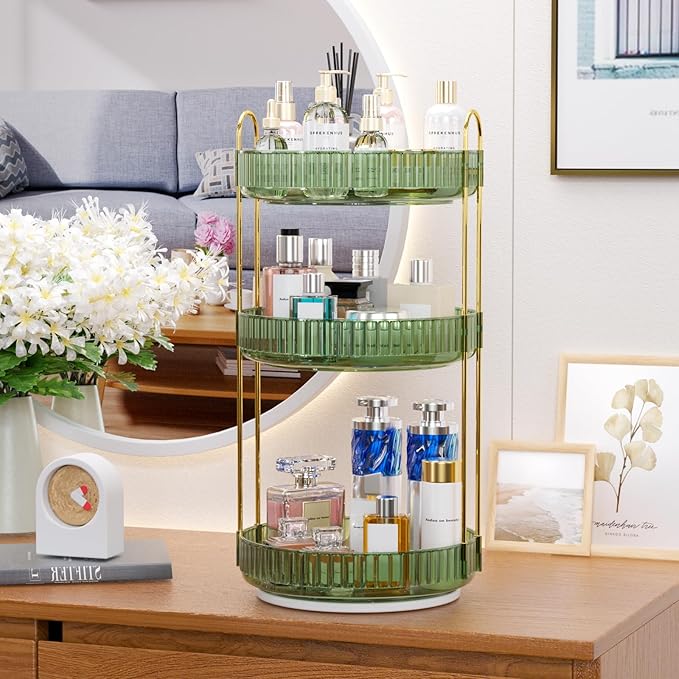 GTI 360°Rotating Makeup Organizer, 3 Tier Large Capacity Perfume Cosmetics Skincare Vanity Organizers,Bathroom Counter Organizer, Dresser Spinning Countertop Organizer and Storage for Women (Green)