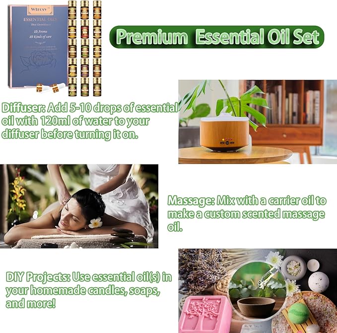 Essential Oils Set - Top 15 Scents for Diffuser, Humidifier, Home Care, Aromatherapy, Massage, Candle & Soap Making - Nice Gift for Family & Friends