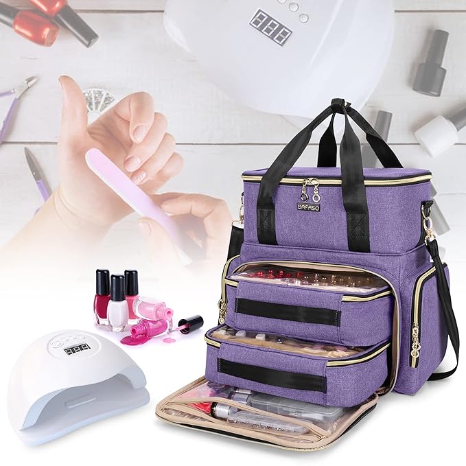 BAFASO Double Layer Nail Polish Organizer Holds 70 Bottles (15ml - 0.5 fl.oz) and a Nail Dryer, Nail Polish Case with 2 Removable Pouches and Tools Storage Sections (Patented), Purple