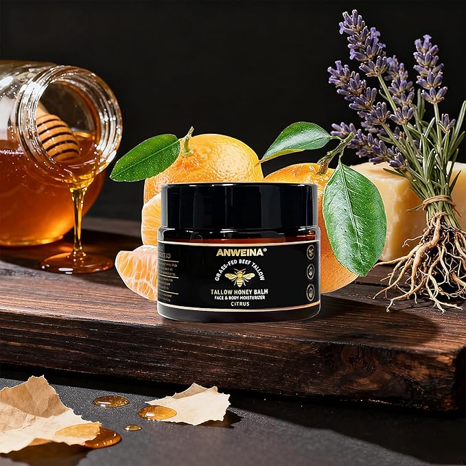 Beef Tallow for Skin, Organic Grass-Fed Tallow and Honey Balm with Row Wild Honey, Deeply Moisturizes Face & Body Moisturizer, Natural Formula for Dry & Sensitive Skin (2 OZ, Citrus)