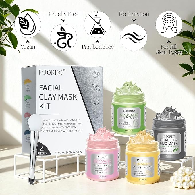 4pcs Clay Mask for Face(360g in total), Turmeric Vitamin C, Dead Sea Mud,Green Tea, Avocado, Rose, Facial Clay Mask Set, Gift Set for Women, Face Mask Skin Care, Gifts for Women, 3.17 Oz Each