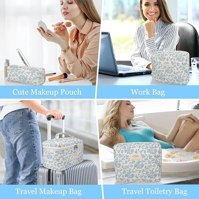 Makeup Bag Set, Quilted Makeup Bag, Large Floral Cosmetic Bag for Women, Cute Cotton Makeup Bags, Flower Travel Toiletry Organizer Bag (Blue Rose)