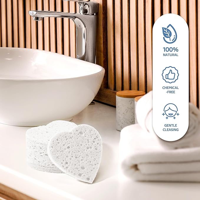 GAINWELL 50-Count Heart Shape Compressed Facial Sponges for Daily Facial Cleansing and Exfoliating, 100% Natural Cosmetic Spa Sponges for Makeup Remover, White