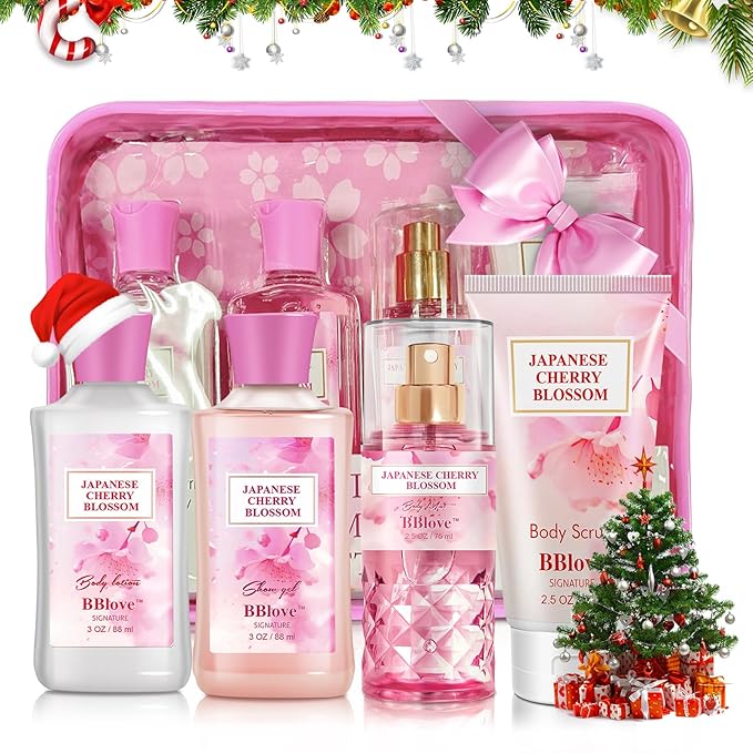 Bath and Body Gift Set for Women & Girls, Japanese Cherry Blossom, 4PCS Set for-Shower Gel, Body Lotion, Body Mist, Exfoliating Scrub, Body Care Set