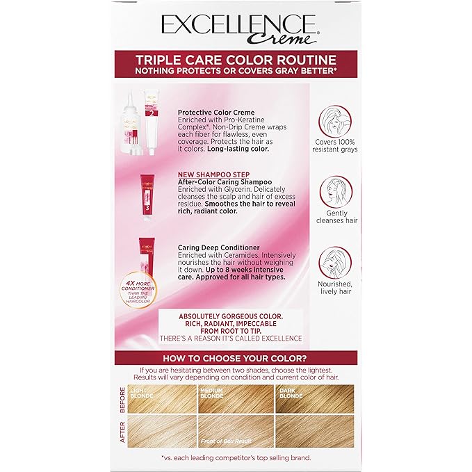 L'Oreal Paris Excellence Creme Permanent Triple Care Hair Color, 9A Light Ash Blonde, Gray Coverage For Up to 8 Weeks, All Hair Types, Pack of 1
