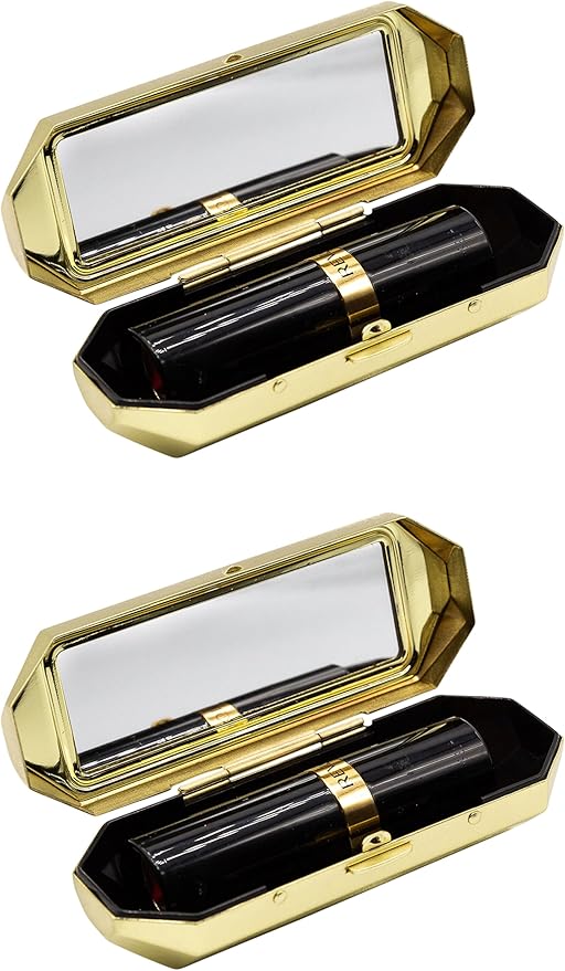 Stephanie Imports Set of 2 Capsule Shaped Lipstick Cases With Glass Mirror (Gold Polygon)