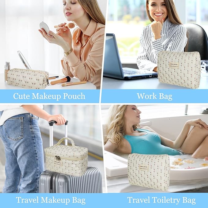 Quilted Makeup Bag, Large Floral Cosmetic Bag for Women, Cute Cotton Makeup Bag, Flower Travel Toiletry Organizer Bag (Flower)