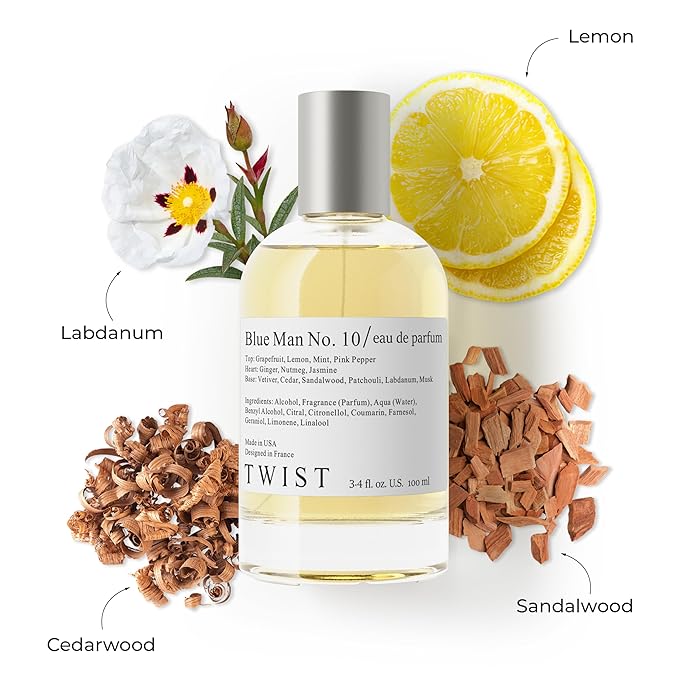 Twist Blue Man No. 10 - Eau De Parfum Inspired by Chan. Bleu, Long-Lasting Perfume For Men, Citrus & Wood, Vegan, Clean Ingredients, Fragrance - Spray 100 ml | 3.4 fl. oz.