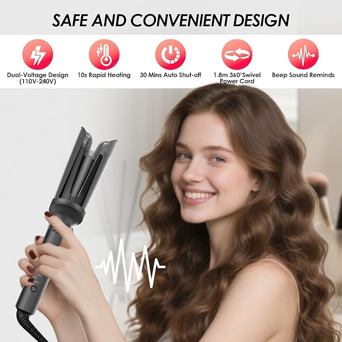Automatic Rotating Curling Iron, Hair Curler with 3 Temps Fast Heating, 2-Way Rotating 1 Inch Curling Wand, Ceramic Coating, Ionic, Anti-Scald, Anti-Tangle, Dual Voltage Auto Shut-Off (Gray)