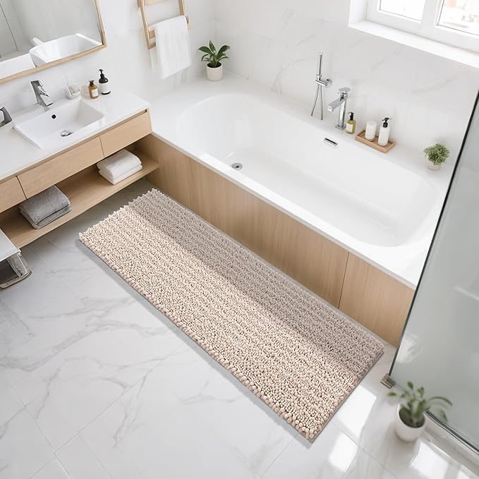 Yimobra Bathroom Runner Rug 60x24 Inch - Extra Long Non Slip Chenille Bath Mat, Soft & Absorbent, Machine Washable Shaggy Hallway Carpet for Vanity Tub Shower, Pinkish Beige Home Decor Accessories
