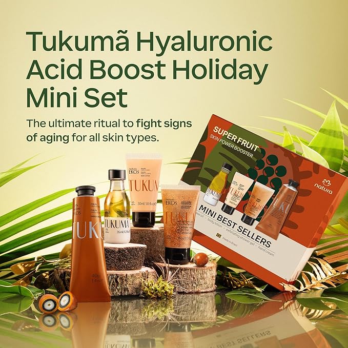 natura – Tukumã Hyaluronic Acid Boosting Brazilian Set (4 Travel Size Products) - Exfoliating Shower Gel, Biphase Shower Oil, Body Lotion and Hand Cream- Anti-Aging - Vegan Skin Care
