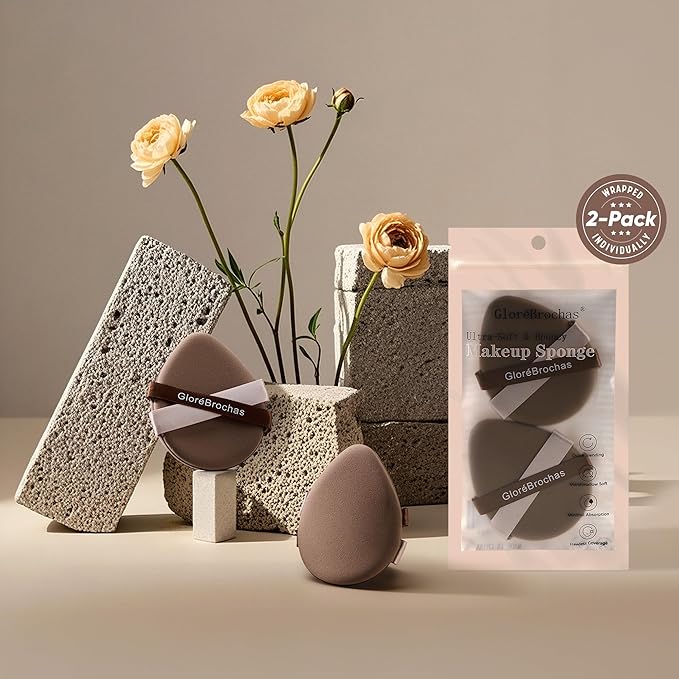 Makeup Sponge Set, GloréBrochas 2PCS Micro Porous Low Absorption Foundation Sponges, Latex-Free PU Makeup Puff, 3.2inches Soft Dual-Sided Powder Puff for Face Powder, Brown