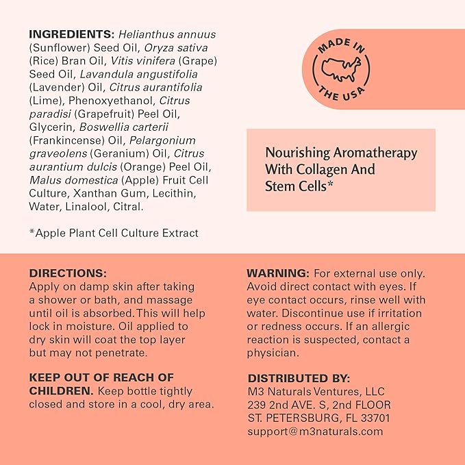 Frankincense Essential Massage Oil for Scars, Stretch Marks & Fine Lines, Firming, Hydrating, Smoothing & Calming Formula with Collagen, Stem Cells, Lavender & Grapefruit, 8 fl oz, by M3 Naturals