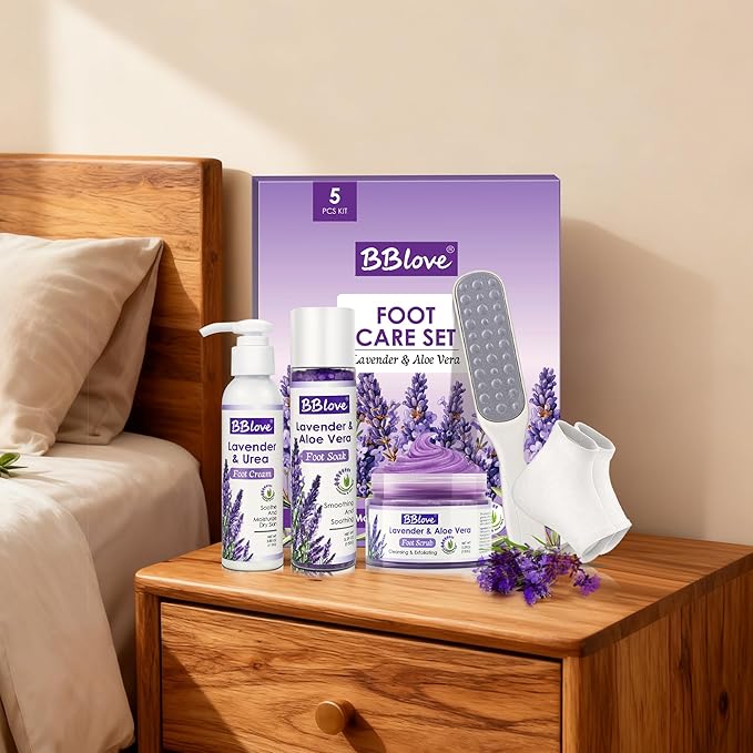 Lavender Foot Soak Set - Moisturizing Gel Socks, Foot File,Salt, Scrub, Foot Cream-5-in-1 Spa Care Kit & Cracked Heel Treatment, Exfoliating Dead Skin Repair Care Gift Set for Him and Her