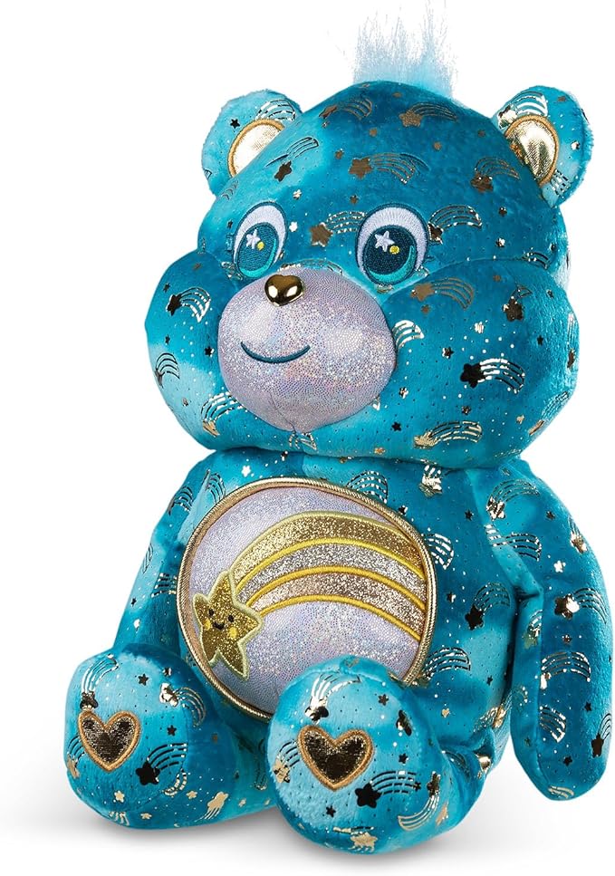 Basic Fun Care Bears 35 cm Luminous Belly Plush - Wish Bear - Soft Environmentally Friendly Toy with Illuminated Belly Badge - Comfortable Collectable Item for Children and Fans