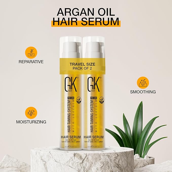 GK HAIR Travel Size Hair Oil - Vegan Argan Oil Frizz Ease Serum- Adds Smooths, Softness & repair Split Ends Paraben, Phthalate and Sulfate Free Pack of 2(0.34 oz)