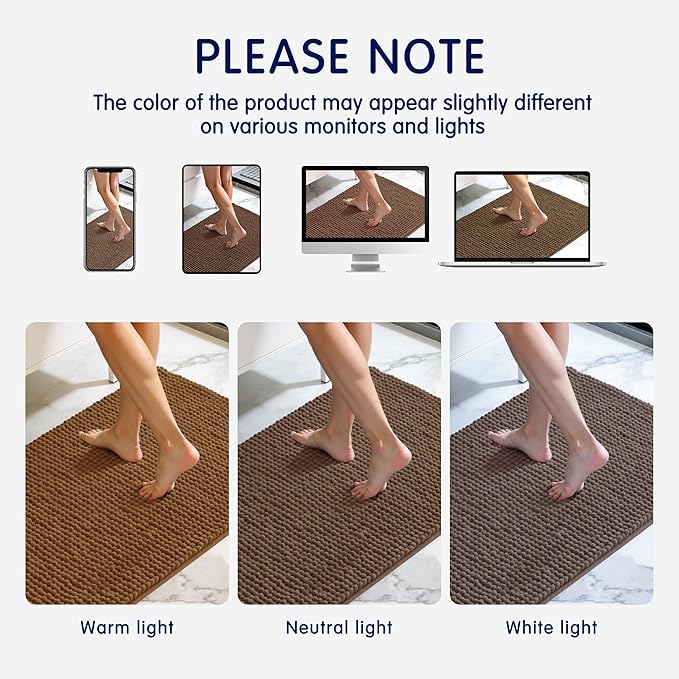 SUBRTEX Bathroom Rugs Chenille Bath Rug Soft Short Plush Bath Mat Soft Shower Mat Water Absorbent Shower Mat Quick Dry Machine Washable(Brown,16" x 24")