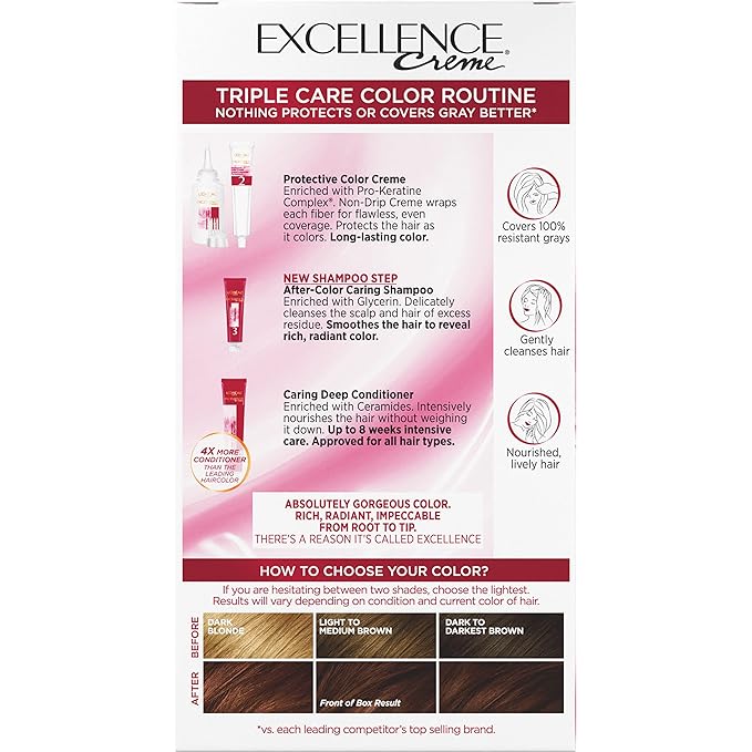 L'Oreal Paris Excellence Crème Permanent Hair Dye, Triple Care Hair Color with Pro-Keratine Complex for 100% Gray Hair Coverage, 5RB Medium Reddish Brown, 1 Kit