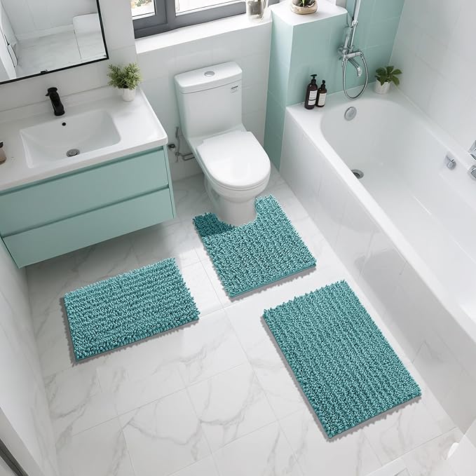 Yimobra Bathroom Rugs Non Slip Washable 32x20 Inch - Ultra Soft Absorbent Chenille Bath Mat, Quick Dry Shaggy Floor Carpet for Tub Shower, Teal Blue Home Decor Accessories