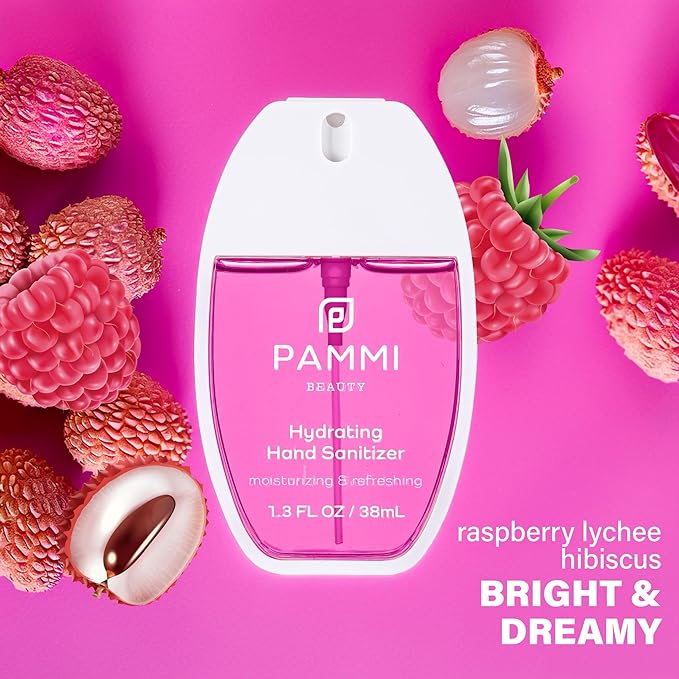 PAMMI Power Mist Hydrating Hand Sanitizer Spray, Portable Travel Size Pocket Hand Sanitizer, Scented Handsanitizer Mini Spray For Car - 600 Sprays (2 Packs (Raspberry Lychee))