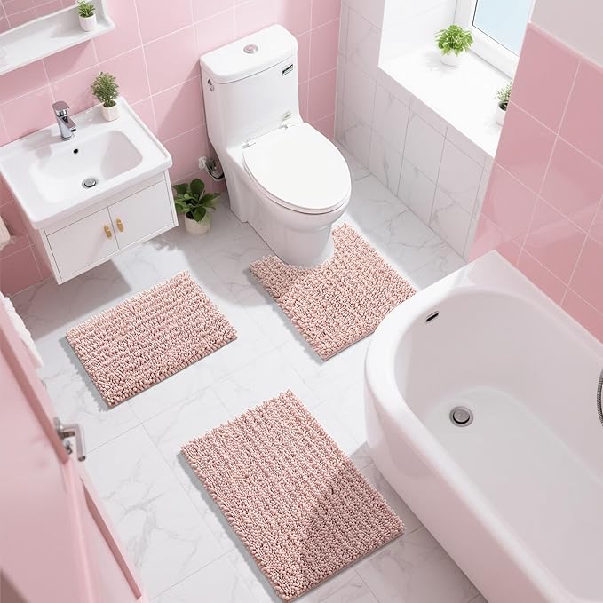 Yimobra Bathroom Rugs Non Slip Washable 32x20 Inch - Ultra Soft Absorbent Chenille Bath Mat, Quick Dry Shaggy Floor Carpet for Tub Shower, Light Pink Home Decor Accessories