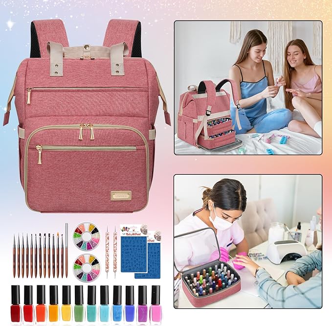 LTINVECK Nail Polish Organizer Case Backpack Holds 70 Bottles (15ml/0.5fl.oz)& Nail Lamp, 2 Layers Detachable Nail Kit Storage Case, Large Travel Nail Supplies Shoulder Bag for Manicure Tools (Pink)