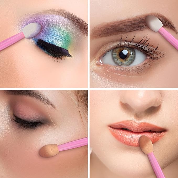 150 Eye Shadow Applicator Disposable Foam Makeup Brush Sponge Tipped Oval Eyeshadow Applicators Dual Sides with Container, Pink