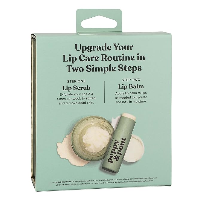Poppy & Pout Lip Care Set | Lip Balm & Scrub | Sustainable Cardboard Tubes & Glass Jars, All Natural, Beeswax, Coconut Oil, Cruelty Free, Exfoliating & Moisturizing Lip Treatment (Sweet Mint)