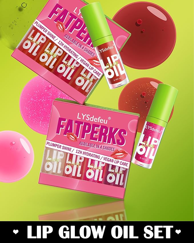 Hydrating Lip Glow Oil Kit-4 Colors Lip Oil Lip Glaze,Tinted Lipgloss Clear Pink Red Glow Reviver Tint Lip Oil Lip Stain, Non-sticky Lipstain Lip Gloss,Christmas Makeup Gift Kit for Women-Set C