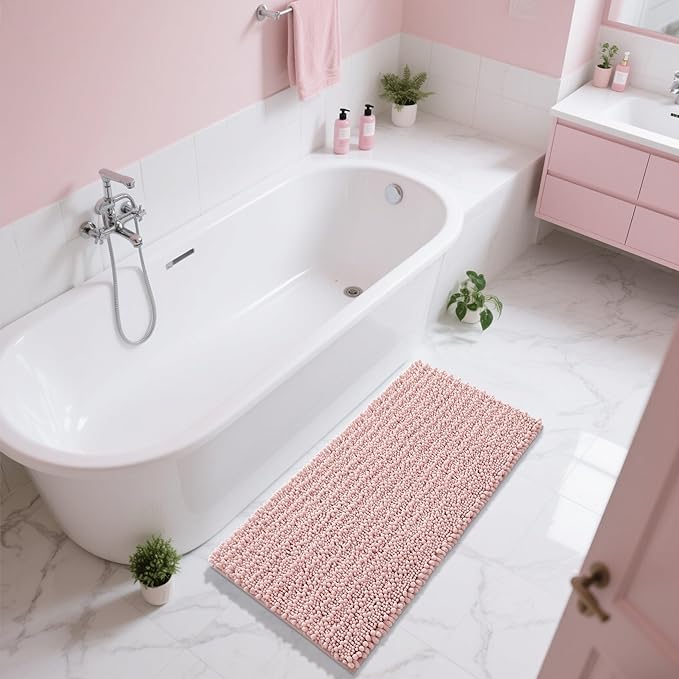 Yimobra Long Bathroom Rugs Non Slip Washable 44x24 Inch - Ultra Soft Absorbent Chenille Bath Mat, Quick Dry Shaggy Floor Carpet for Tub Shower, Light Pink Home Decor Accessories