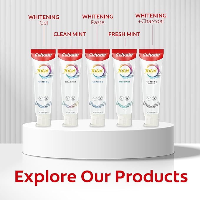 Colgate Total Whitening Toothpaste Paste, 5.1 oz, 4 Pack, Fluoride, Antibacterial, for Plaque, Gingivitis, Sensitivity, Stain Removal, Clinically Proven, Mint, Teeth Whitening, Stannous Fluoride