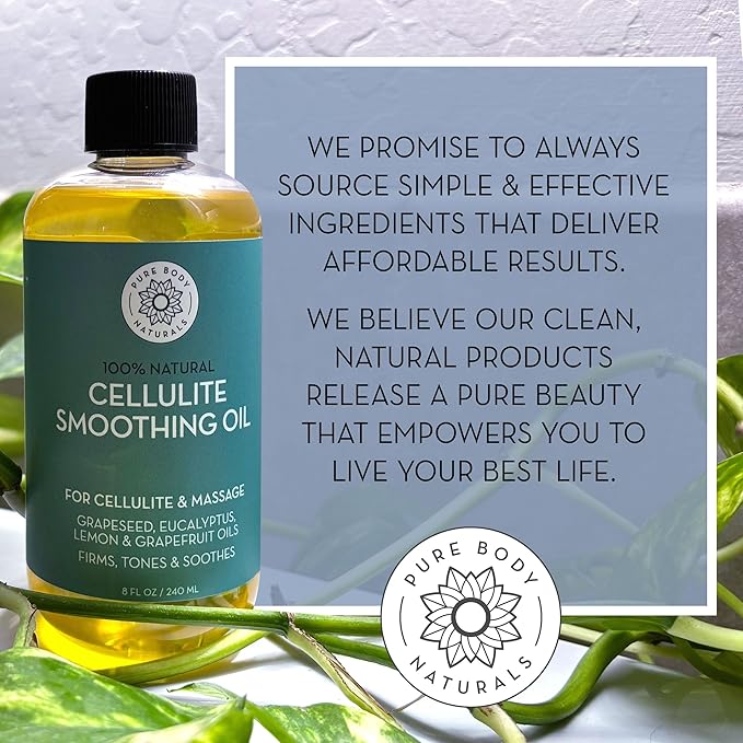 Pure Body Naturals Anti Cellulite Massage Oil, 8 fl oz | 100% Natural Cellulite Remover for Legs and Thighs | Chemical Free Firming Body Massage Oil for Women, Tightens Skin and Reduces Stretch Marks