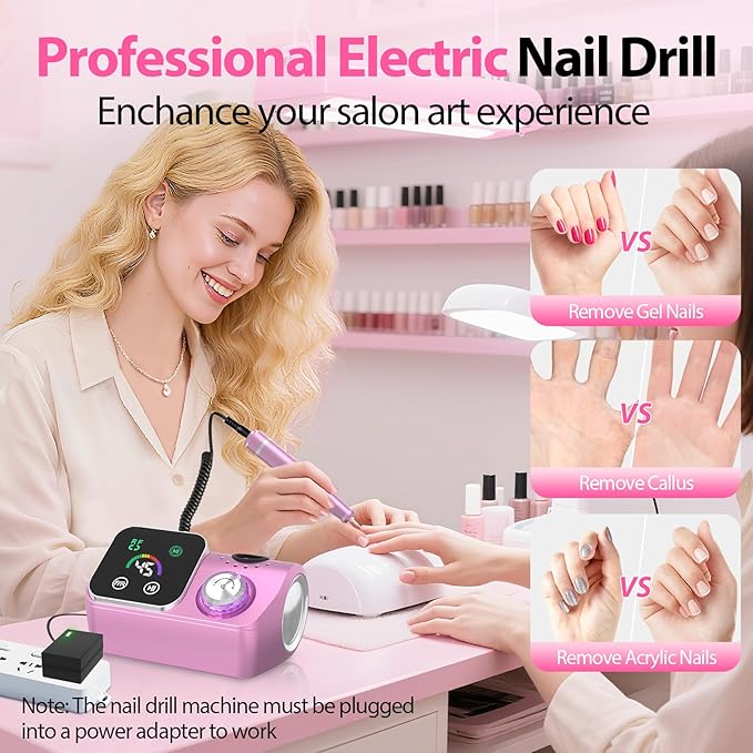 Professional Electric Nail Drill E-File Machine - 45,000 RPM Corded Nail Drills Kit with Low Noise & LED Display for Shaping, Removing & Polishing Acrylic Gel Nails for Salon Home