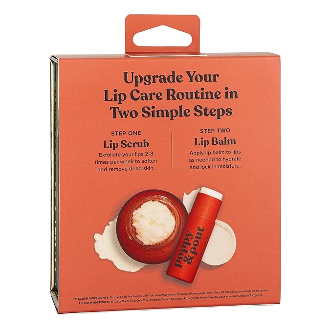 Poppy & Pout Lip Care Set | Lip Balm & Scrub | Sustainable Cardboard Tubes & Glass Jars, All Natural, Beeswax, Coconut Oil, Cruelty Free, Exfoliating & Moisturizing Lip Treatment (Pomegranate Peach)