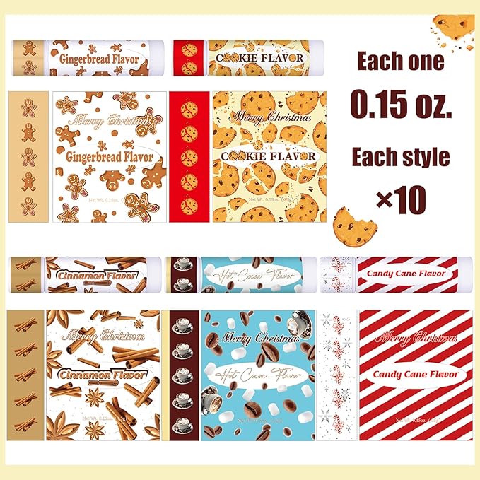50pcs Christmas Peppermint Candy Flavor Lip Balms Gift Bulk Candy Gingerbread Hot Cocoa Cookie Cinnamon Flavor Lip Balm Christmas Party Gift Stocking Stuffer for Coworker Staff Employee (Cute)