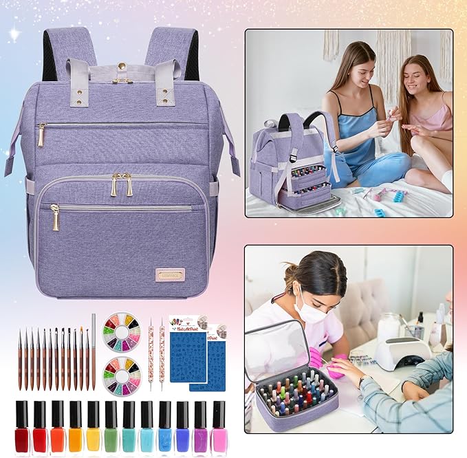 Nail Polish Organizer Case Backpack Holds 70 Bottles (15ml/0.5fl.oz) & Nail Lamp, 2 Layers Detachable Nail Kit Storage Case, Large Travel Nail Supplies Shoulder Bag for Manicure Tools (Purple)
