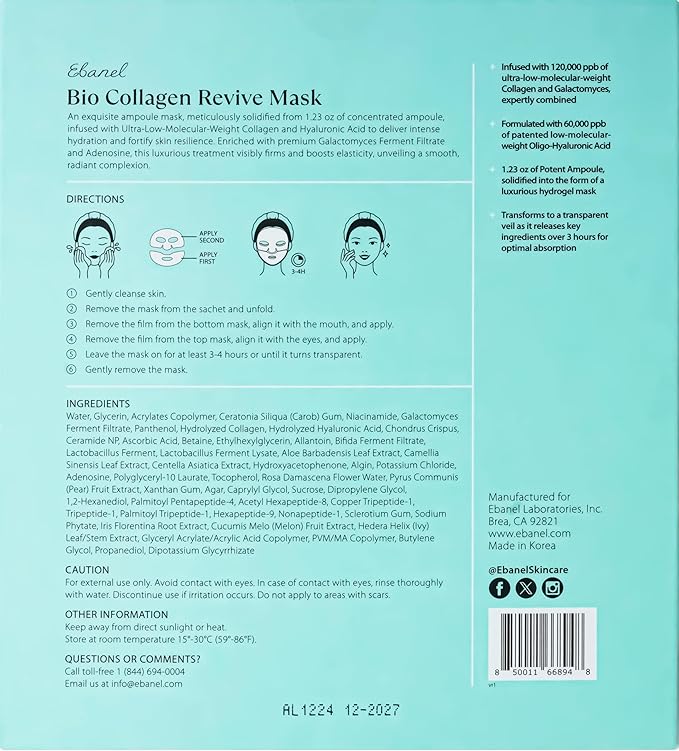 Ebanel Bio Collagen Face Mask, 4-Pack Hydrating Face Masks with 7 Peptides, Hyaluronic Acid, Niacinamide, Centella, Rose Water, Ceramide, and B5, Glass Skin Tightening and Lifting Korean Sheet Masks