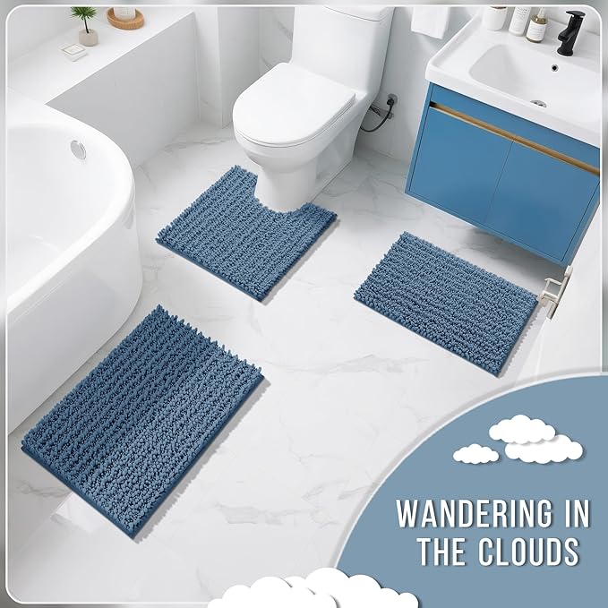 Yimobra Bathroom Rugs Non Slip Washable 32x20 Inch - Ultra Soft Absorbent Chenille Bath Mat, Quick Dry Shaggy Floor Carpet for Tub Shower, Denim Blue Home Decor Accessories
