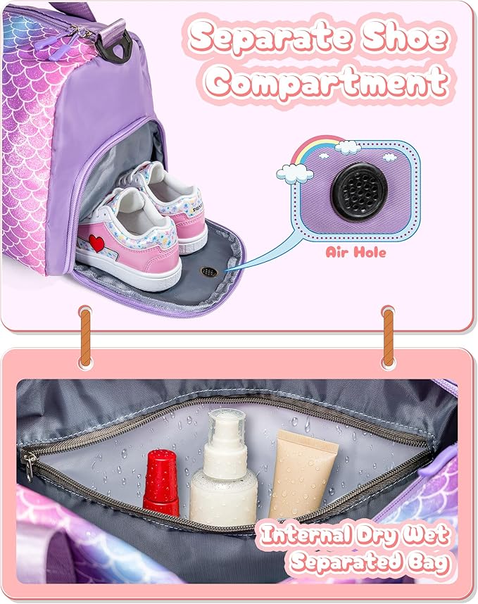 8 Year Old Girl Birthday Gift -Girl Gym Bag with Shoe Compartment, Kid Personalized Weekender Pool Bags, Initial Travel Tote with Makeup Pouch, Valentines Day Gift for Girls (Letter R)