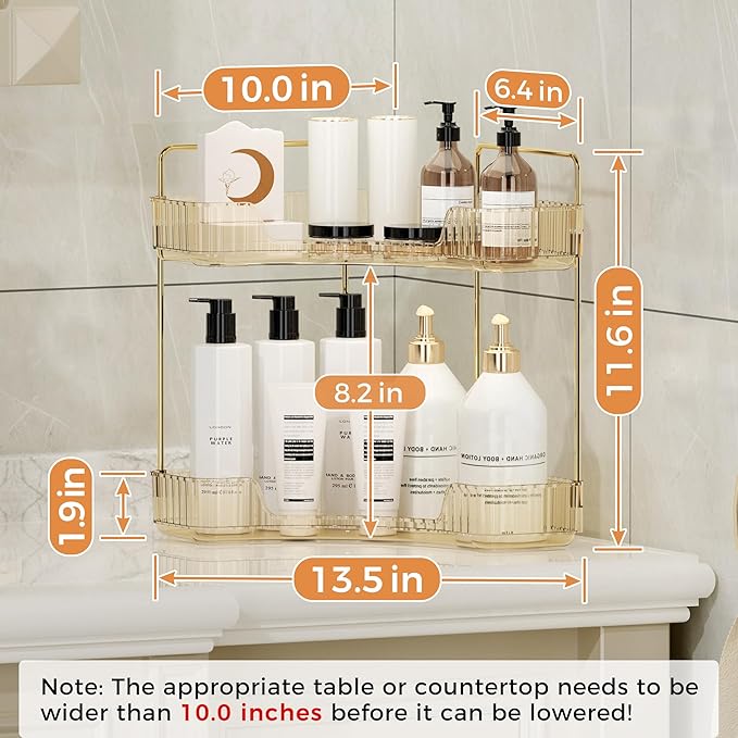 YCIA&DONE Corner Bathroom Counter Organizer, Makeup Organizer for Vanity, Skincare Cosmetic Perfume Tray, Corner Countertop Shelf Rack Storage for Bathroom Kitchen 2 Tiers (Amber Gold)
