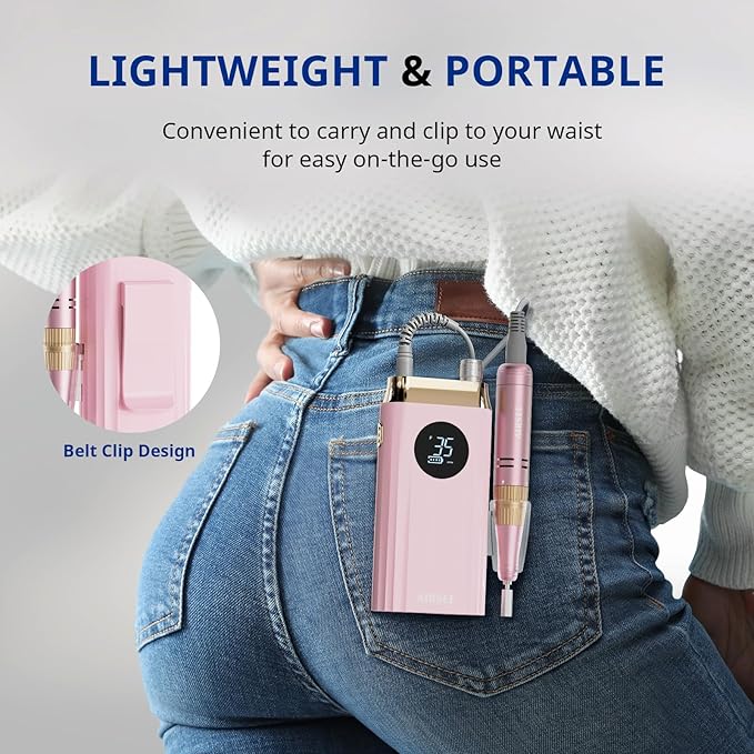 AIRSEE Professional Portable Nail Drill 35000RPM,Rechargeable Cordless Nail Drill for Manicure Salon Home, Eletric NALI E File for Acrylic Nails Gel Polishing Removing, EW4 Pink